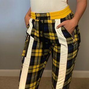 Blue and Yellow Tartan joggers with zippers and reflective 3m bands - like new!